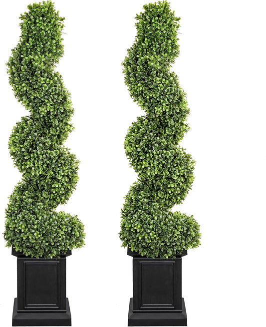 Boxwood Outdoor Topiary Set of 2, 3.5ft Tall Porch Trees, All-Year Green Fake Plant Topiary Trees Artificial Outdoor with Sturdy Pot for Porch Indoor (Spiral)