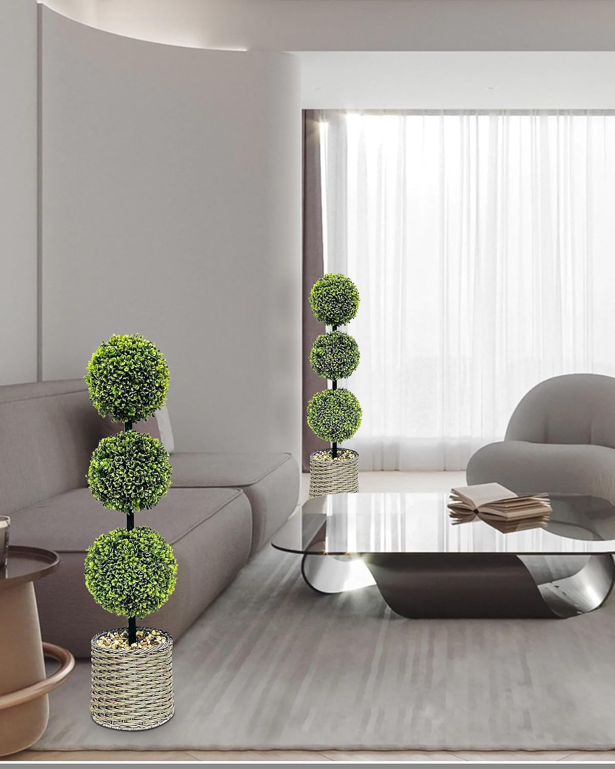 ChrisXiao 3ft Artificial Triple Ball Boxwood Topiary Tree Set of 2, Artificial All Year Green Fake Plant Ball Trees, UV-Resistant Indoor/Outdoor Porch Decor with Sturdy Pot