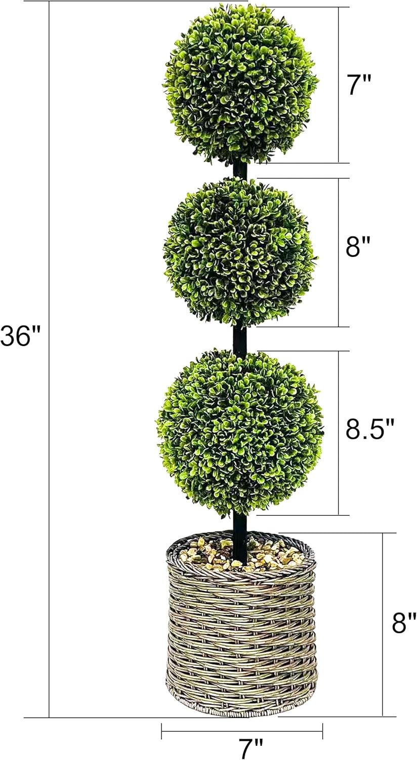 ChrisXiao 3ft Artificial Triple Ball Boxwood Topiary Tree Set of 2, Artificial All Year Green Fake Plant Ball Trees, UV-Resistant Indoor/Outdoor Porch Decor with Sturdy Pot