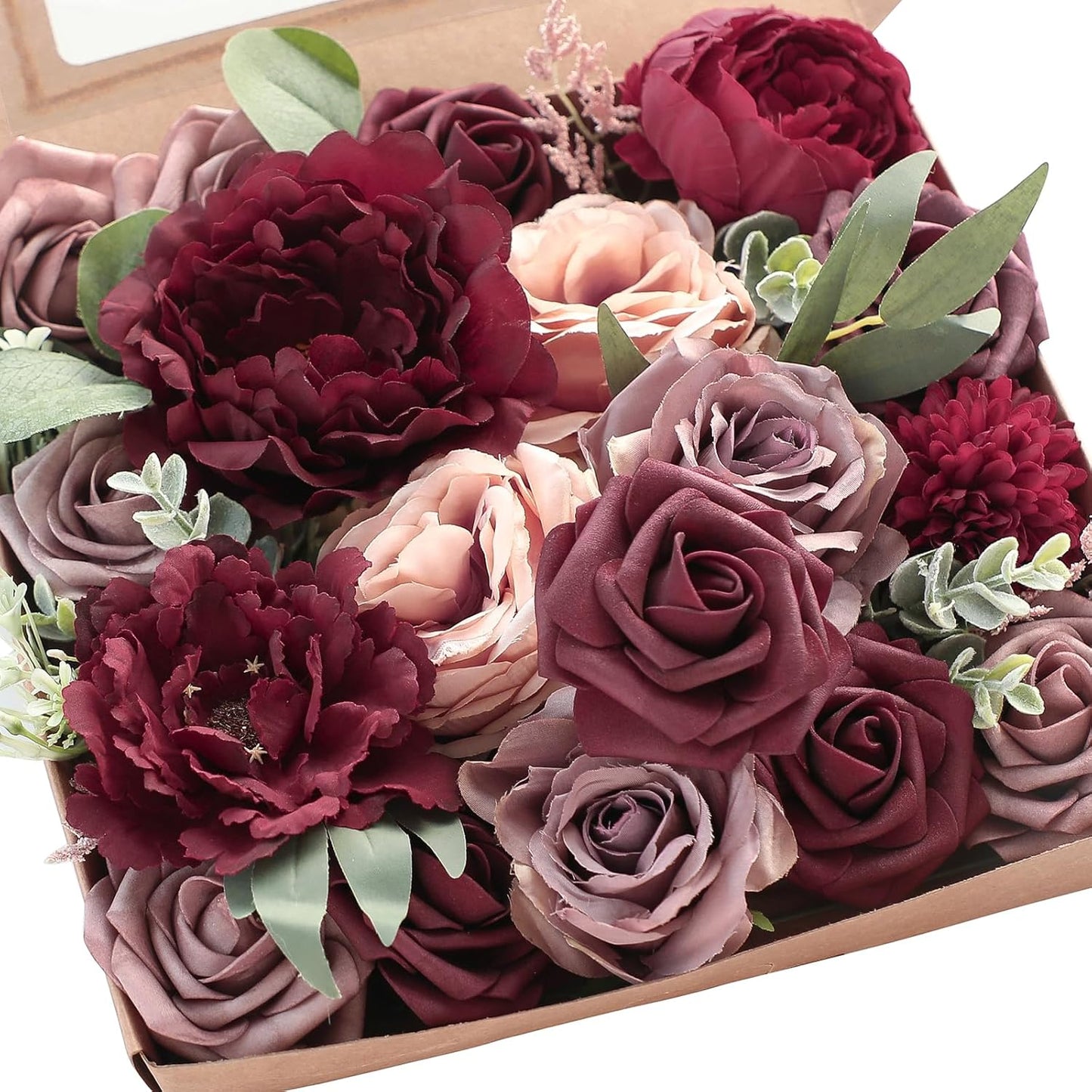 Floroom Terracotta Artificial Flowers Burnt Orange Fake Roses Peonies Dahlia Greenery Combo Box Set for DIY Wedding Bouquets Bridal Shower Centerpieces Floral Arrangements Party Tables Home Decoration