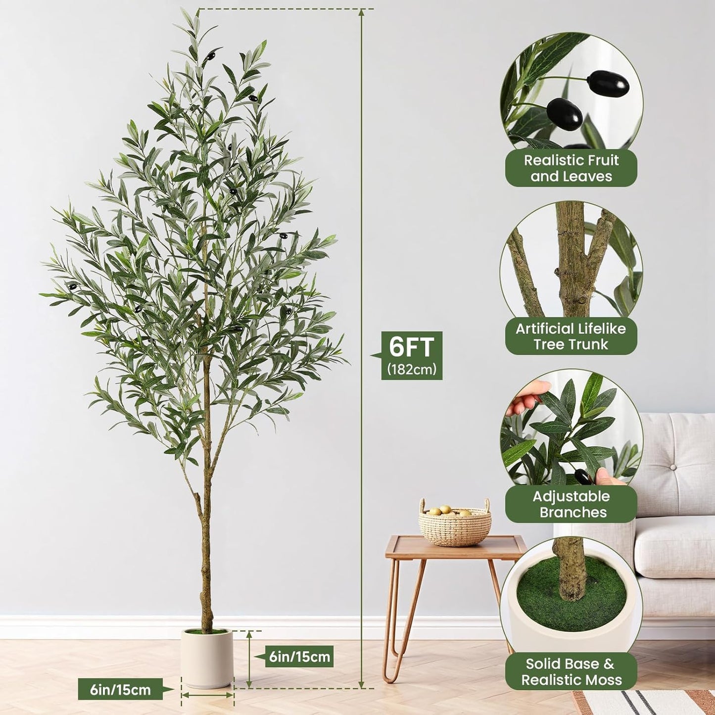 6FT Artificial Olive Trees, Faux Silk Plant with Lively Artifical Trunk and Lifelike Fruits, Indoor Fake Potted Tree with White Planter for Modern Home Office Living Room Decor