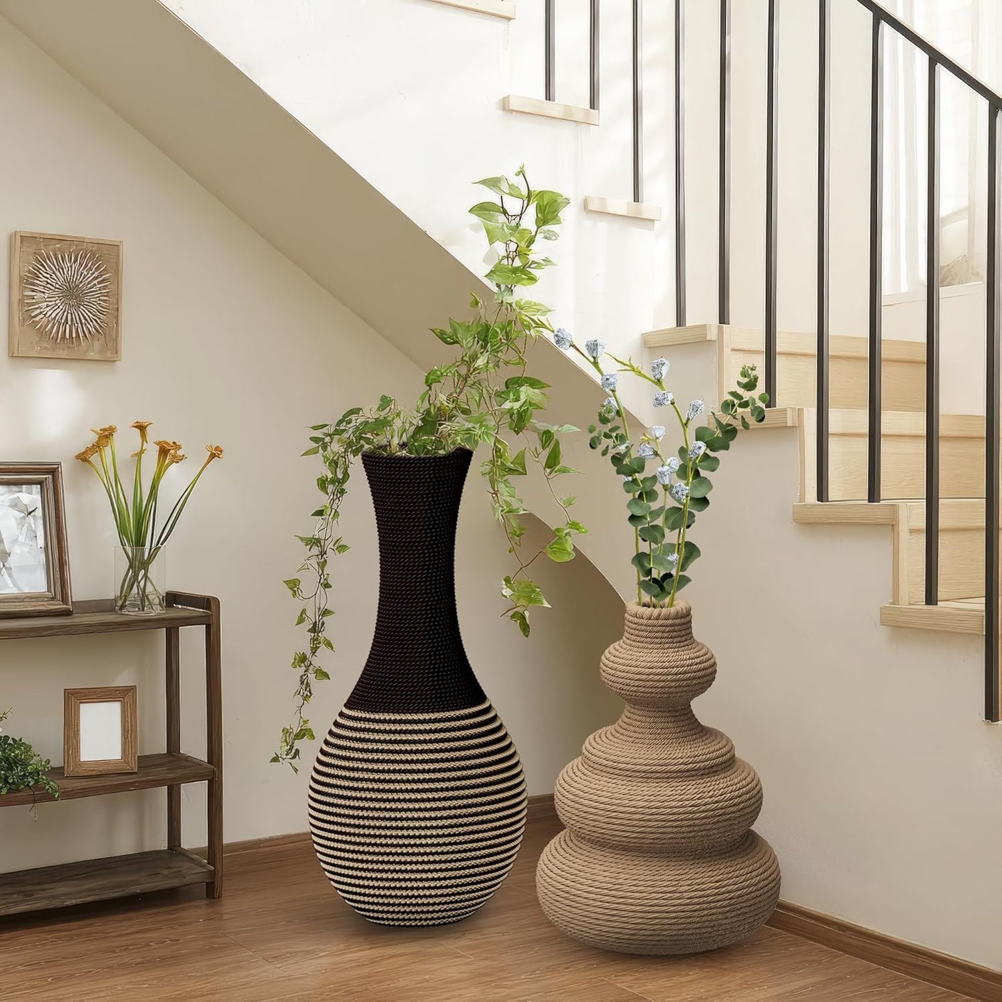 Rattan Woven Flower Vase,White Boho Vases for Decor,Modern Decor Country Style Woven Rustic Vase for Home Decoration