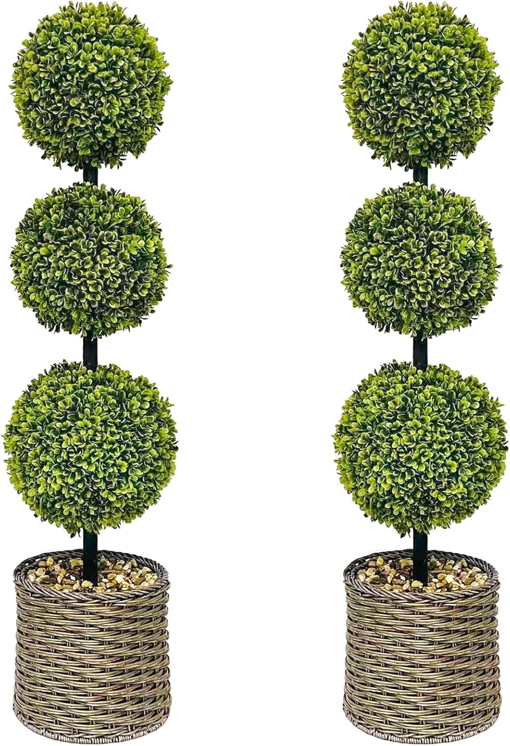 ChrisXiao 3ft Artificial Triple Ball Boxwood Topiary Tree Set of 2, Artificial All Year Green Fake Plant Ball Trees, UV-Resistant Indoor/Outdoor Porch Decor with Sturdy Pot