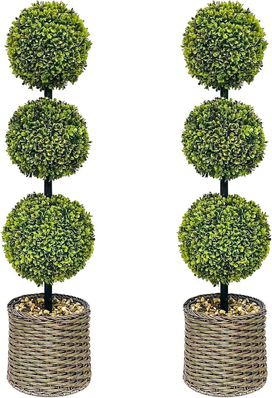 ChrisXiao 3ft Artificial Triple Ball Boxwood Topiary Tree Set of 2, Artificial All Year Green Fake Plant Ball Trees, UV-Resistant Indoor/Outdoor Porch Decor with Sturdy Pot