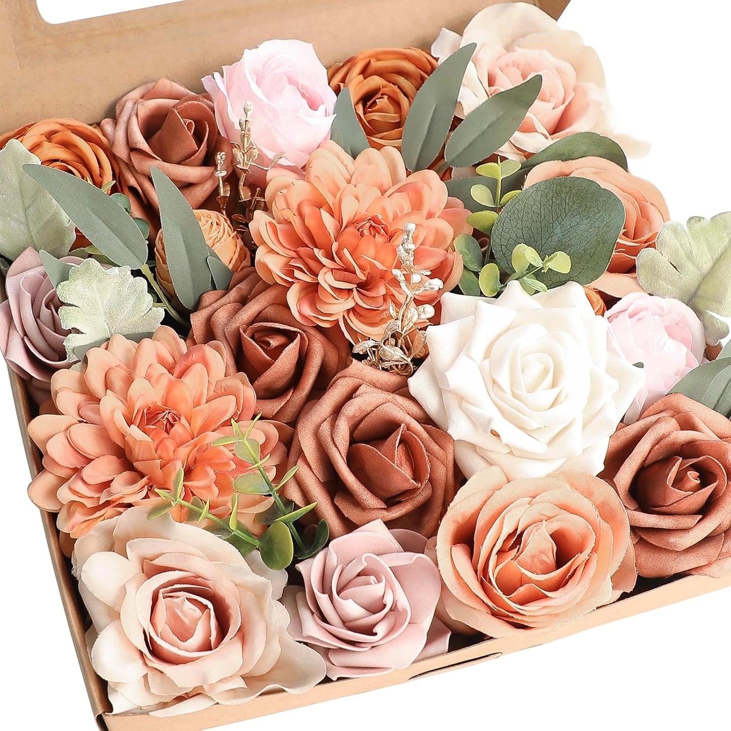 Floroom Terracotta Artificial Flowers Burnt Orange Fake Roses Peonies Dahlia Greenery Combo Box Set for DIY Wedding Bouquets Bridal Shower Centerpieces Floral Arrangements Party Tables Home Decoration