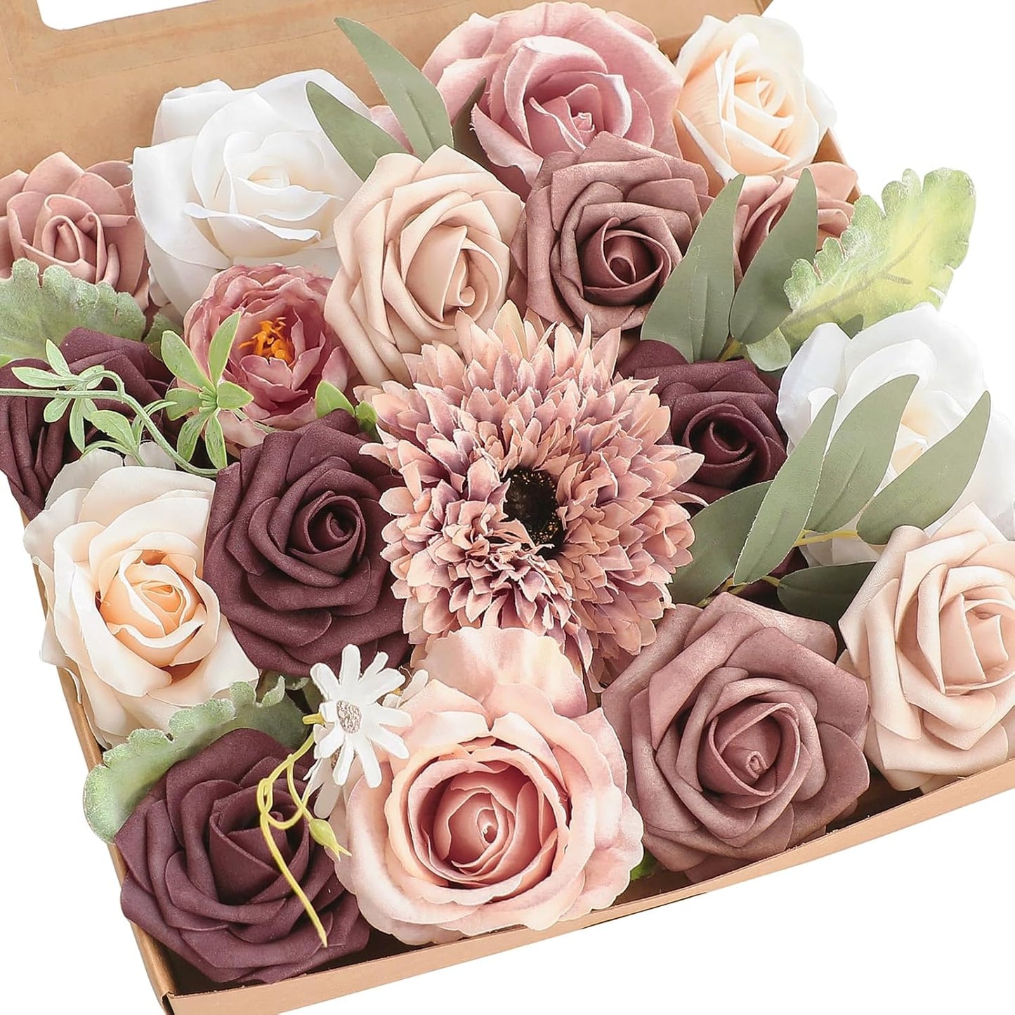 Floroom Terracotta Artificial Flowers Burnt Orange Fake Roses Peonies Dahlia Greenery Combo Box Set for DIY Wedding Bouquets Bridal Shower Centerpieces Floral Arrangements Party Tables Home Decoration
