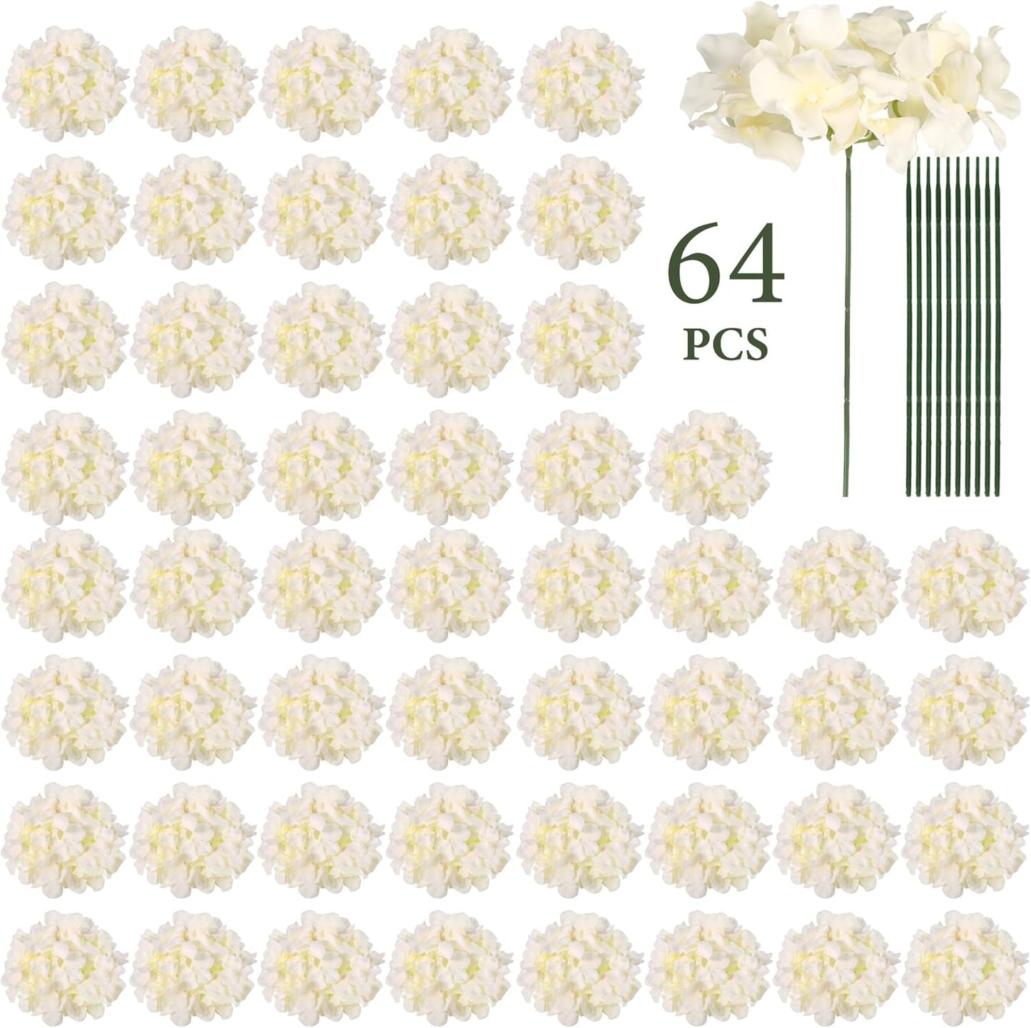 Auihiay 64 PCS Artificial Hydrangea Flowers, Silk Hydrangea Full Flowers Heads with Stems for Wedding Centerpieces, Home, Garden, Baby Shower, Party Decoration (Ivory)