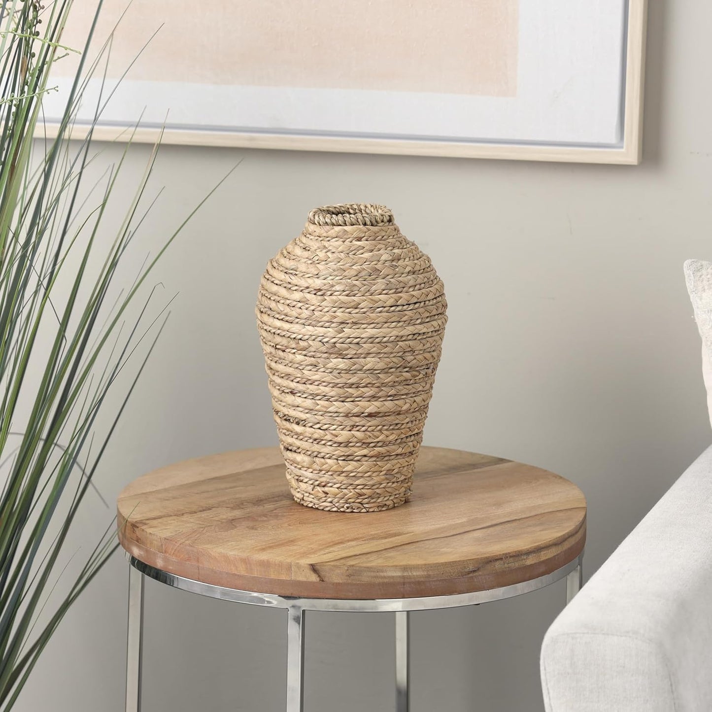 Deco 79 Seagrass Handmade Decorative Vase Braided Centerpiece Vase, Vase for Home Decoration 8" x 8" x 13", Brown