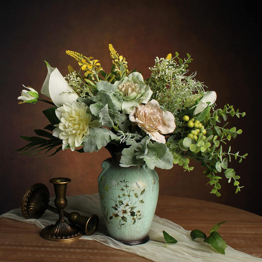 Faux Flowers in Ceramic Vase, Artificial Flower Arrangement Decoration for Home Kitchen Living Dining Room Coffee Table Centerpieces Deco, 15 x 14 inches (Green)