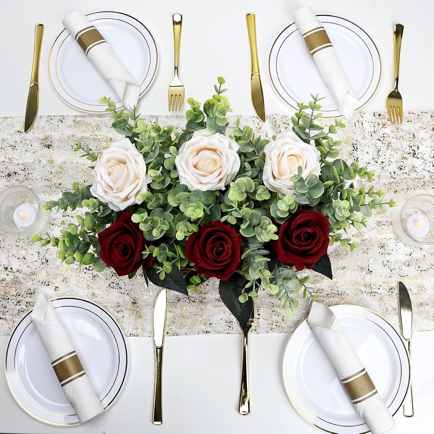 Dining Table Centerpiece Decor - Pre-Made Artificial Flower Arrangement Fake Floral with Wooden Vase for Farmhouse Kitchen Bathroom Living Room Decorations (Burgundy Champagne)