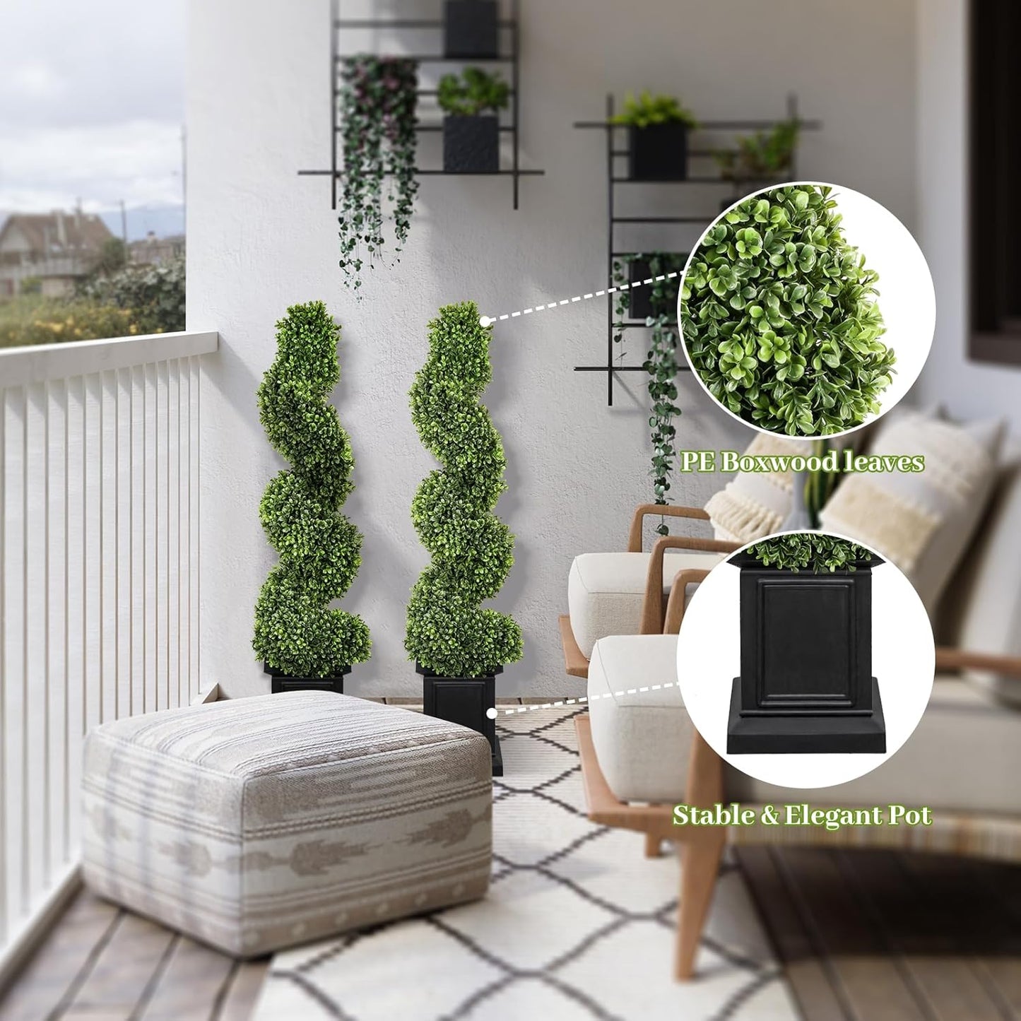 Boxwood Outdoor Topiary Set of 2, 3.5ft Tall Porch Trees, All-Year Green Fake Plant Topiary Trees Artificial Outdoor with Sturdy Pot for Porch Indoor (Spiral)