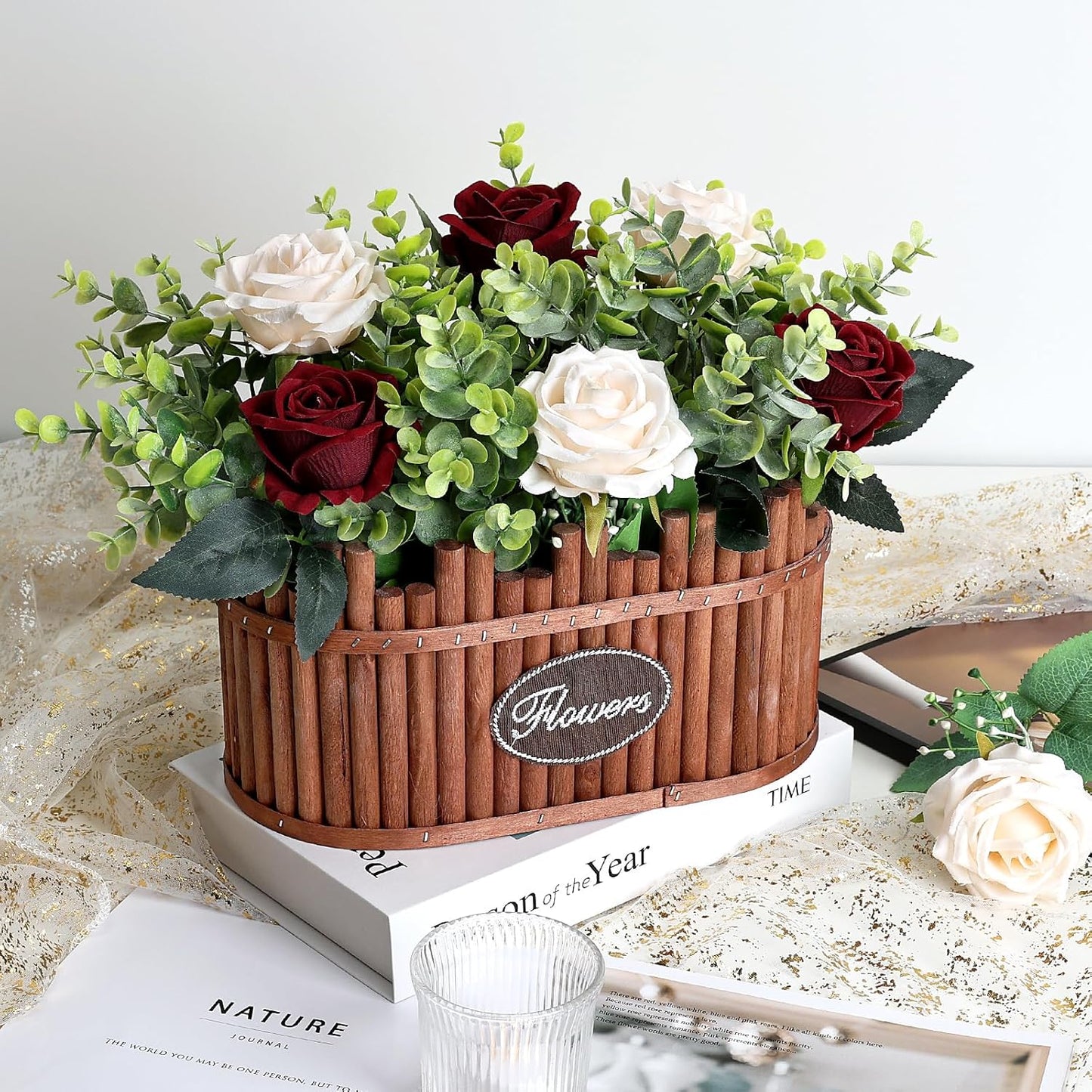 Dining Table Centerpiece Decor - Pre-Made Artificial Flower Arrangement Fake Floral with Wooden Vase for Farmhouse Kitchen Bathroom Living Room Decorations (Burgundy Champagne)