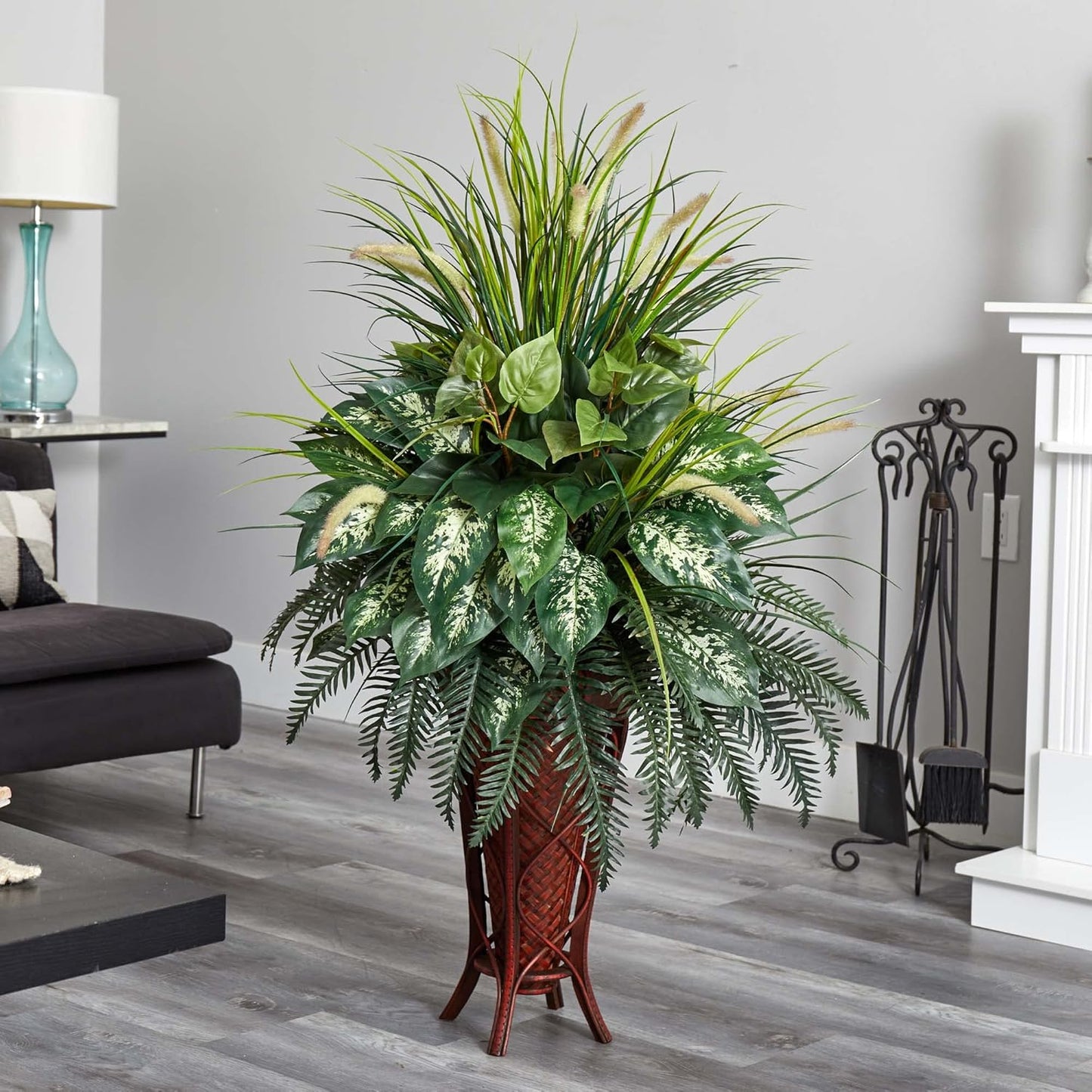 Nearly Natural 6727 3ft. Mixed Greens & Cattails with Planter, 26 x 26 x 36 inches, Green
