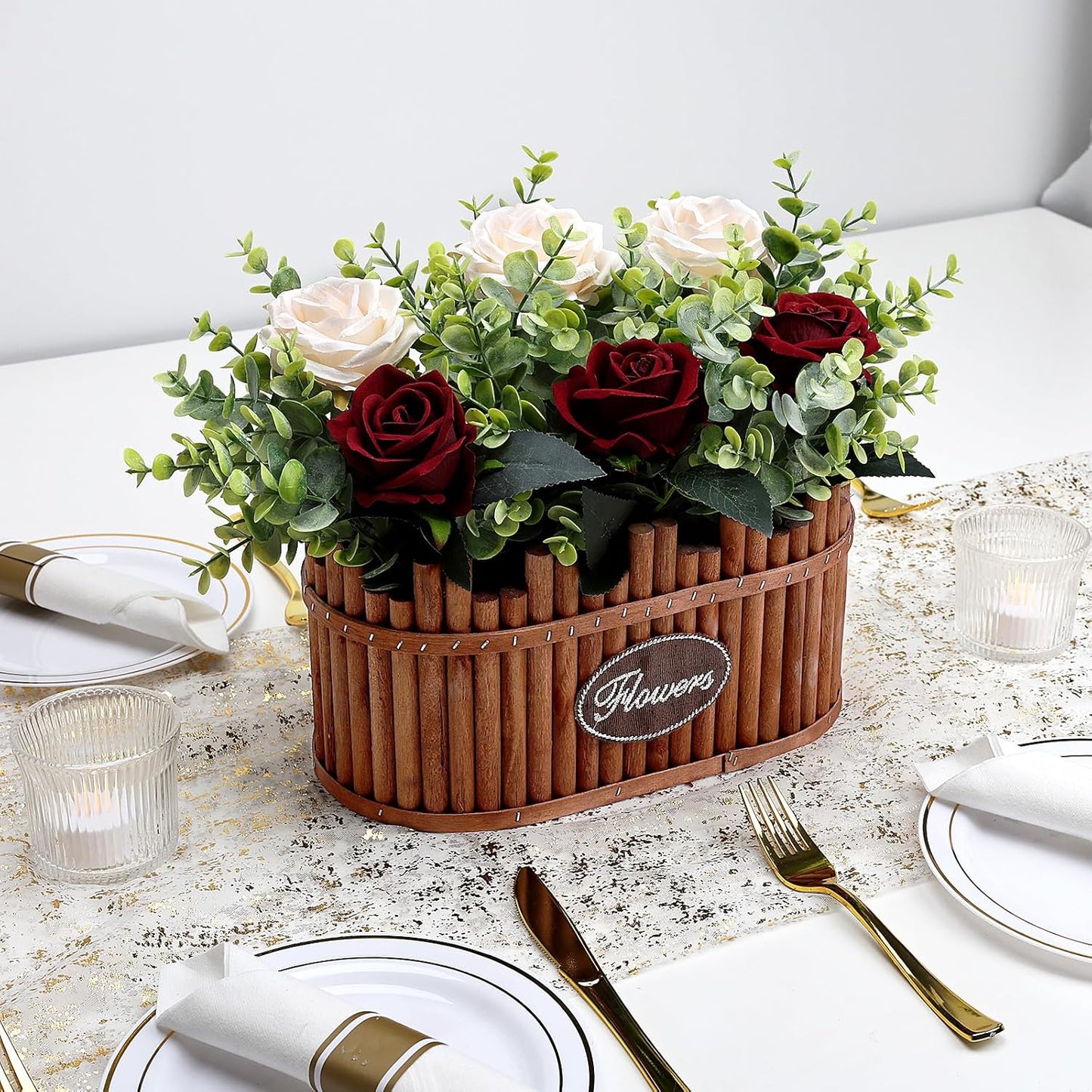 Dining Table Centerpiece Decor - Pre-Made Artificial Flower Arrangement Fake Floral with Wooden Vase for Farmhouse Kitchen Bathroom Living Room Decorations (Burgundy Champagne)