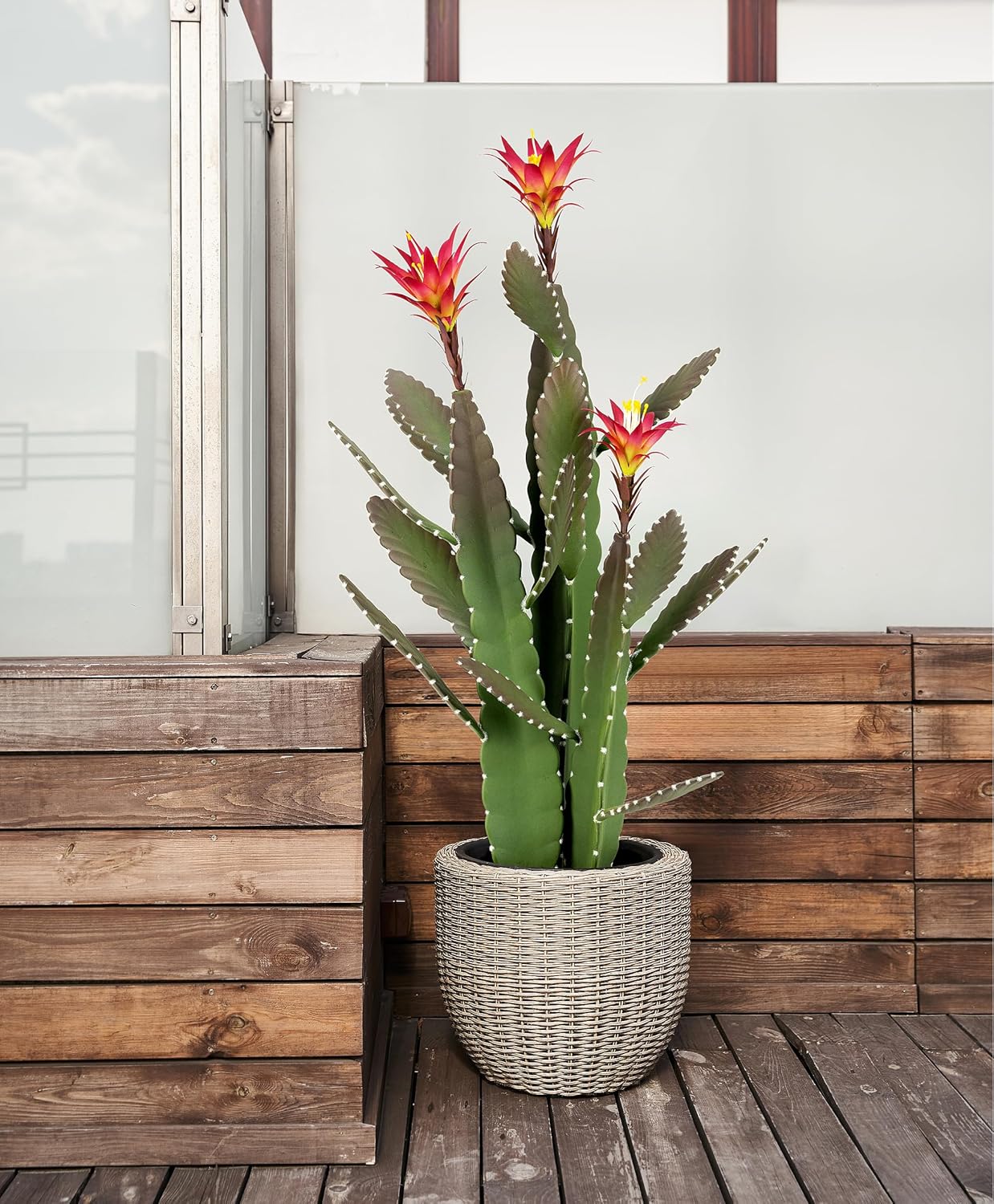 33 Inch Large Artificial Cactus with Magenta Flowers in Pot with Natural Gravel. Satin Finish Leaves with Real Look and Feel. Outdoor and Indoor Faux Plants.