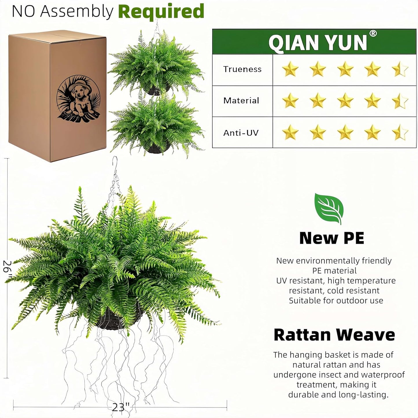 QIANYUN Fake Fern Outdoor Artificial Plants-2-Pack Artificial Outdoor Hanging Fern Faux Greenery UV Resistant Plastic Plants for Front Porch Living Room Garden Decor- Including Hanging Planters