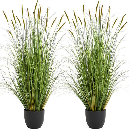 KOL 4ft 2-Pack Artificial Cattail Reed Grass, 47.2’’ Artificial Indoor Outdoor Fake Onion Grass Plant, Home Office Wedding Decorative Potted Plant Faux Greenery, Housewarming Gift, Green