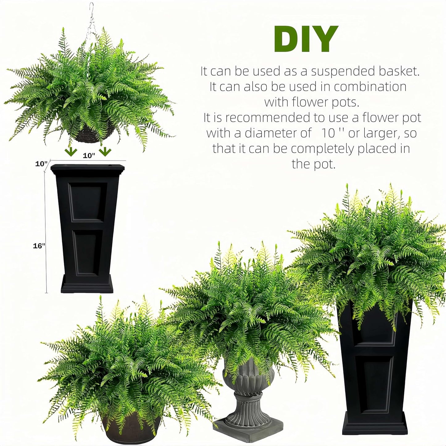 QIANYUN Fake Fern Outdoor Artificial Plants-2-Pack Artificial Outdoor Hanging Fern Faux Greenery UV Resistant Plastic Plants for Front Porch Living Room Garden Decor- Including Hanging Planters