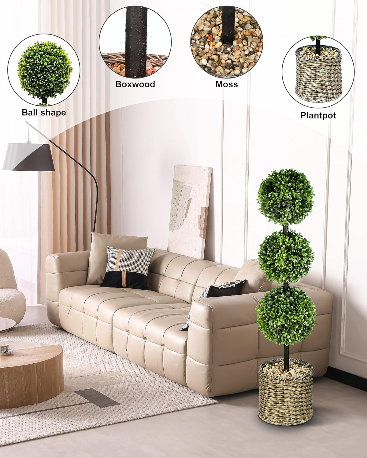ChrisXiao 3ft Artificial Triple Ball Boxwood Topiary Tree Set of 2, Artificial All Year Green Fake Plant Ball Trees, UV-Resistant Indoor/Outdoor Porch Decor with Sturdy Pot
